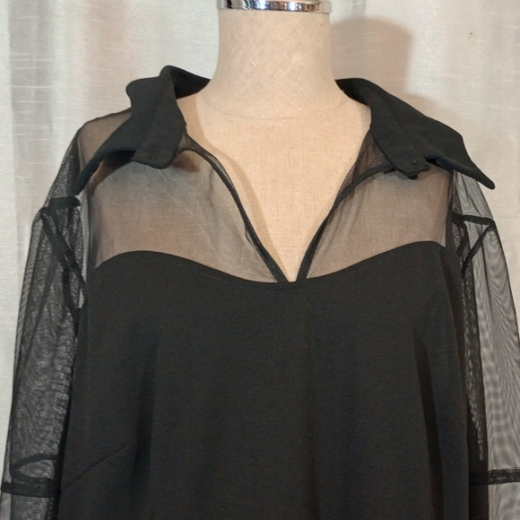 Long Bell-Sleeved Midi Dress Black:See Thru bodice +Sleeves, Waved collar,4X - Picture 10 of 12